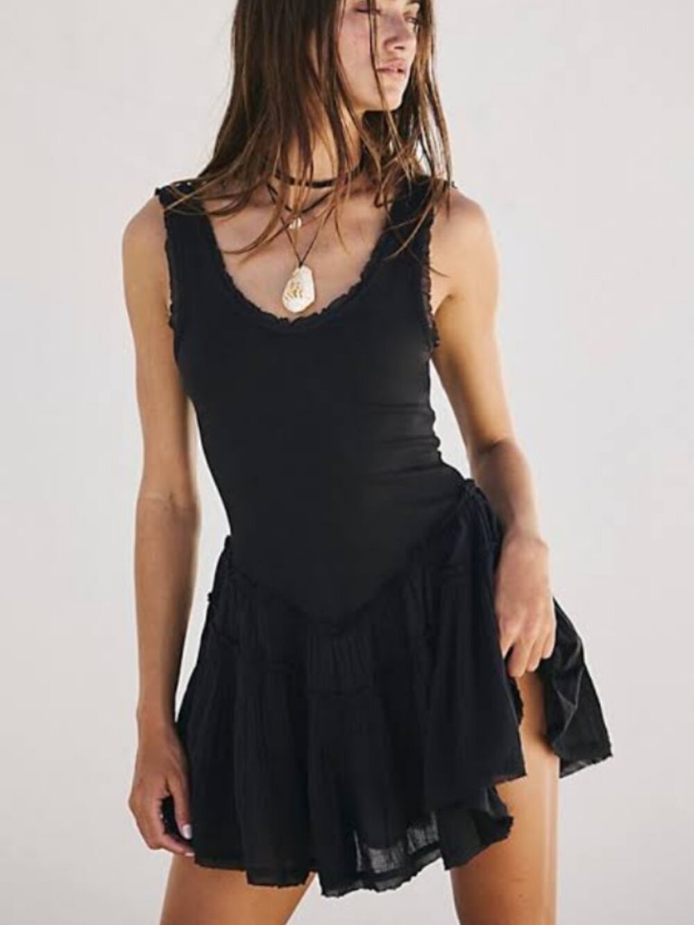 Free People Izi Drop-Waist Mini Dress Sleeveless Romantic Frayed Black Tiered M